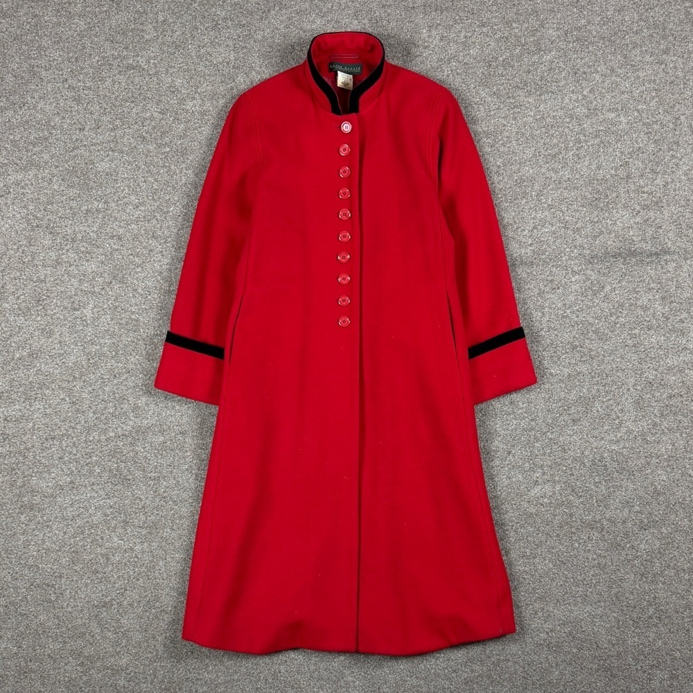 Vintage Harve Bernard Long Red Wool Coat Women’s 10 Velour Trim Mandarin Collar